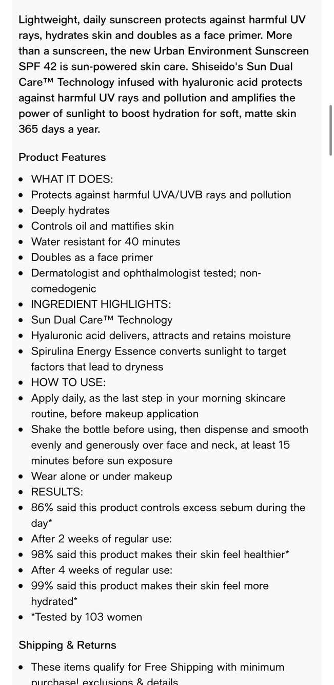 Shiseido Urban Environment Oil-Control Sunscreen SPF 40 JUMBO size 4.8 fl oz - Picture 8 of 9